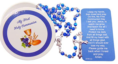 First Communion Rosary Blue Glass Beads Chalice Crucifix Protective Case