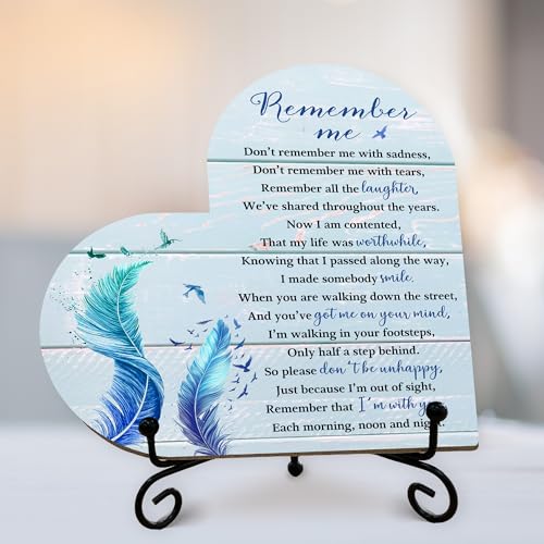 Sympathy Gifts for Loss of Loved One, Bereavement Memorial Funeral Grief Gift for Women, Wooden Heart Keepsake Remembrance of Mom Dad Family Member - E02 - color: Blue Remember Me Feather
