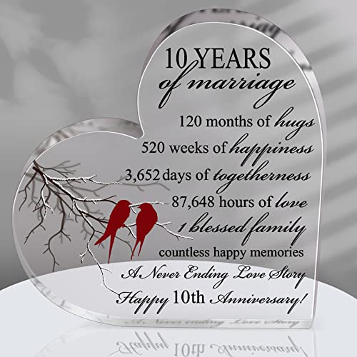 Qunclay 10th Marriage Gift for Parents Couple 10 Years Wedding Anniversary Souvenir Heart Marriage Keepsake Wedding Anniversarys Decorations for Women Men Mom Husband Wife He She Friend Grandparents - style: 10th