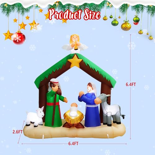 6.4 FT Christmas Inflatable Nativity Jesus Stable Christmas Angel Scene Decorations, Christmas Blow up Yard Decoration Built-in 6 LED for Christmas Decorations Outdoor Indoor Xmas Gifts