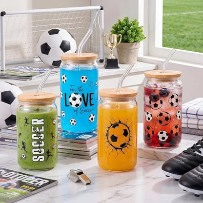 Glass Cups with Lids and Straws, 4Pack, 16oz, Soccer Football - color: Soccer