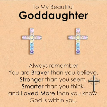 CERSLIMO Cross Earrings for Girls Kids, Christian Confirmation Communion Baptism Catholic Religious Christmas Birthday Inspirational Gifts for Women Teens Teenager Granddaughter Goddaughter - style: Goddaughter Gifts