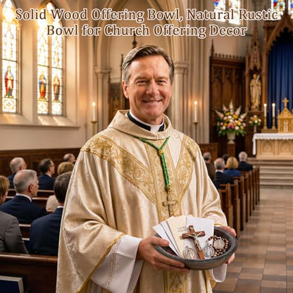 Domensi Handcrafted Wooden Offering Plate for Church Walnut Stain Collection Plate with Felt Round Pad Collection Tray for Sunday Worship Communion Religious Ceremonies