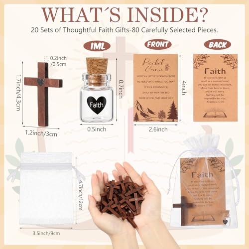 60 Set Pocket Hug Token Wooden Pocket Cross Faith Glass Bottles Prayer Card Organza Bags Wooden Cross Bulk Religious Christian Gifts for Friends Family Colleagues Church