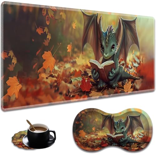 Ergonomic Dragon Reading Book Extended Mouse Pad 31.5" x 11.8" Set, with Wrist Rest & Lace Coasters, Pain Relief Design, Non-Slip Desk Mat for Home & Gaming - color: Dragon Reading Book