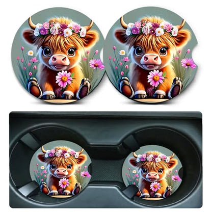 2 Pack Highland Cow Floral Car Cup Holder Coasters Universal Neoprene Mat - color: Cow Baby