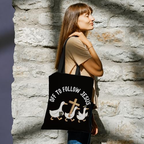 Chicimln Christian Goose Tote Bag, off to Praise the Lord Bible Verse Canvas Tote Bags - color: Black 03