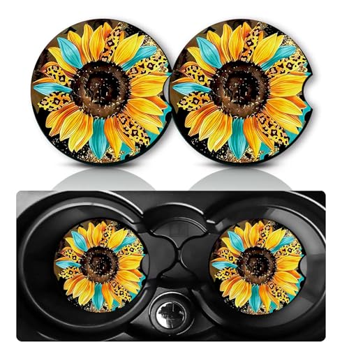2Pcs Sunflowers Car Coasters,2.75" Neoprene Rubber Cars Cup Holder Coasters - color: Leopard Sunflower