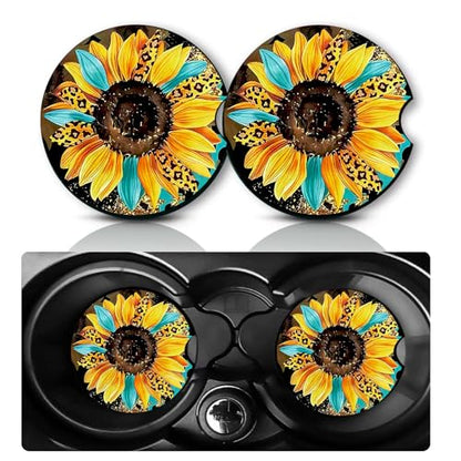 2Pcs Sunflowers Car Coasters,2.75" Neoprene Rubber Cars Cup Holder Coasters - color: Leopard Sunflower
