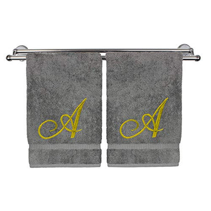 Monogrammed Hand Towel, Personalized Gift, 16 x 30 Inches - Set of 2 - Gold Embroidered Towel - Extra Absorbent 100% Turkish Cotton - Soft Terry Finish - for Bathroom, Kitchen and Spa - Script A Gray - color: Gold on Gray, style: Initial A