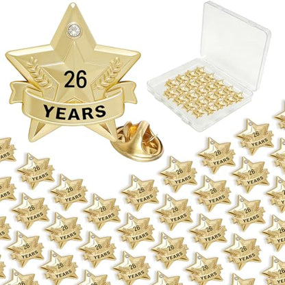 Years of Service Pins, Gold Star Pin for 1-30 Year Work Anniversary, Long Standing Employee Recognition Award Star Pins for Staff, Team & Volunteers - style: 26 Years