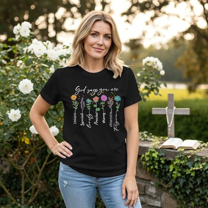 Womens Christian Shirt Bible Verse T-Shirt Religious Gifts Florial Tee Tops - color: Black, size: X-Large