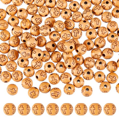 DICOSMETIC 600Pcs Round with Cross Beads Easter Imitation Wood Acrylic Beads 8mm Round Jewelry Bead Small Sandy Brown Religious Spacer Bead for DIY Jewelry Making Crafts, Hole: 2mm