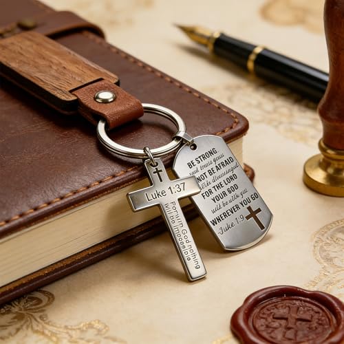 Bible Verse Keychain, Christian Keychain for Men, Mens Key Chain with Wood Plaque, Religious Cross Keyring Inspirational Jesus Gifts for Car Accessories