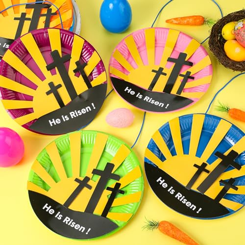 Lunmon 24 Sets Easter Crafts for Kids Bulk Resurrection Paper Plates Crafts Kit with He is Risen Colorful Paper DIY Easter Plates for Family Sunday School Classroom Activity - color: Cross