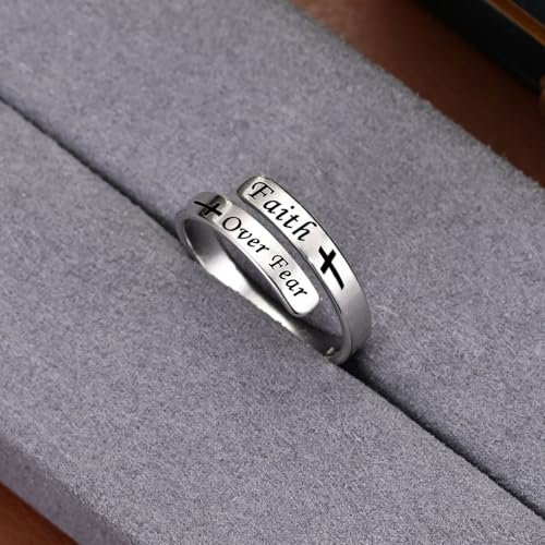 Faith Over Fear Cross Inspirational Rings, S925 Silver Adjustable Tiny Purity Christian Wrap Ring Christian Blessed Hope Encouragement Ring Christmas Graduation Cocktail Party Jewelry Gifts for Women - color: Silver