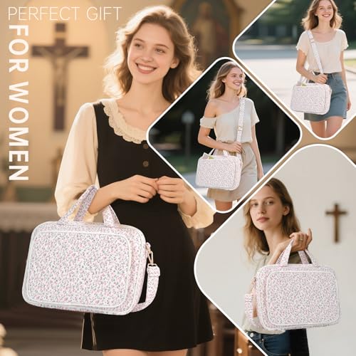 Bible Cover Case for Women Bible Study Supplies Church Camp Essentials Christian Gifts for Women Journaling Kit Quilted Large Bible Book Sleeve (Pink Flowers, Large) - color: Pink Flowers