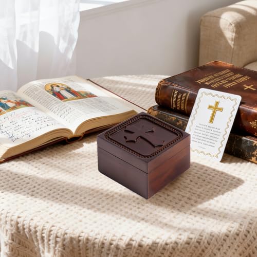 Wooden Cross Prayer Keepsake Box of Christian, Rosary Box for Religious Jewelry, Hand-Carved Catholic Rosary Holder Boxes Gifts for Women & Men, Baptism Communion Memorial Sympathy Gifts, No Card