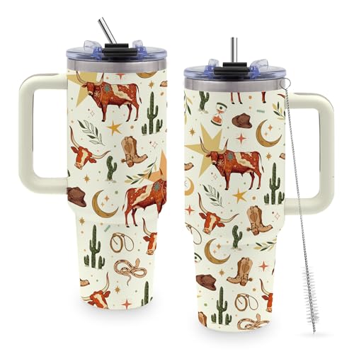 Rodeo Gifts for Women, 40oz Cowgirl Western Tumbler with Handle - color: Cowboy-Beige