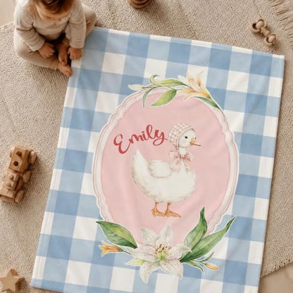 Personalized Goose Baby Blanket, Blue Gingham Nursery Throw Gift - color: #Ver2