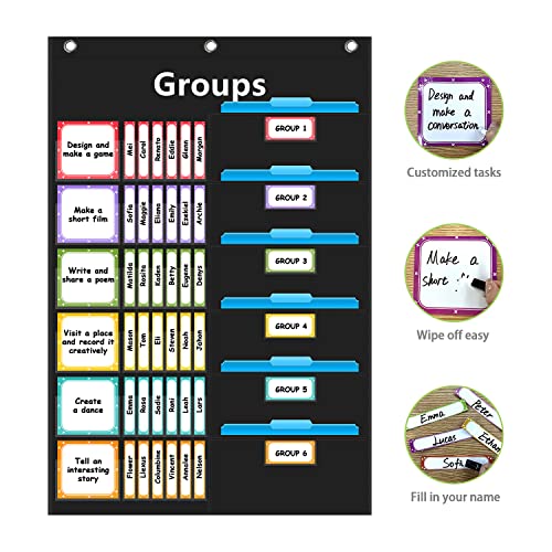 REGELETO Small Group Management Pocket Chart with 96 Cards Classroom Jobs Chart Small Group Organizer and on Task for School Teacher Homeschool Learning Supplies (Black) (Pack of 2) - size: 48-Pockets (Pack of 2)