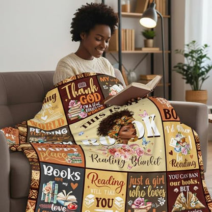 African American Book Lovers Gifts, Book Reading Throw Blanket, Librarian Bookish Books Club Gift for Black Women Bookworms Birthday Graduation Present Ideas Soft Flannel Blankets 50'' x 60'' - color: Brown-african American