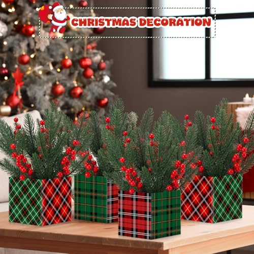 Zeyune 4 Set Christmas Centerpiece for Table Bulk, 4.7 Inch Xmas Centerpiece Decoration Ideal with Artificial Pine Branches and Red Berries Stems for Xmas Party Indoor Home Decor (Christmas Plaid) - style: Classic