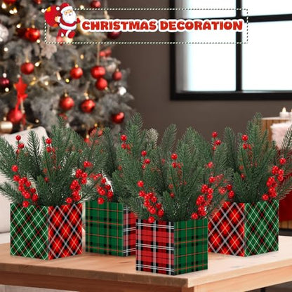 Zeyune 4 Set Christmas Centerpiece for Table Bulk, 4.7 Inch Xmas Centerpiece Decoration Ideal with Artificial Pine Branches and Red Berries Stems for Xmas Party Indoor Home Decor (Christmas Plaid) - style: Classic