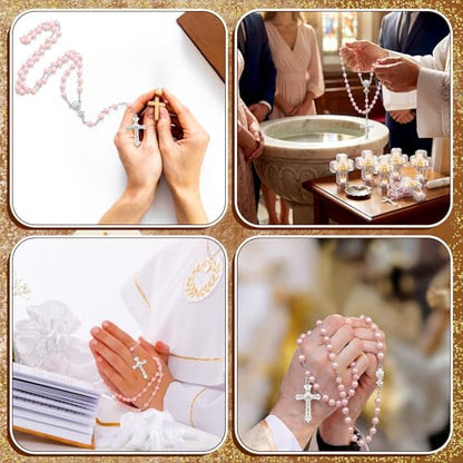 12 Set Saint St Jude Baptism Favor Bead Rosary Cross Necklace, Pink - color: Pink