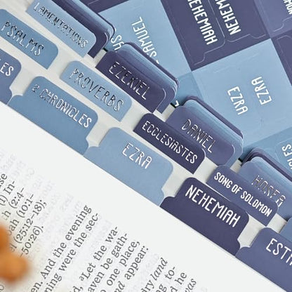 Laminated Bible Tabs for Women and Men, Gold Foil Embossed Lettering - style: Dusk Blue