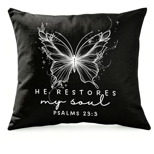 Christian Psalms 23:3 Pillow Cover 18x18, Black Linen-Textured Fabric, He Restores My Soul Bible Verse Butterfly Design, Religious Present for Christian Believers & Faithful Friends - color: Black-03