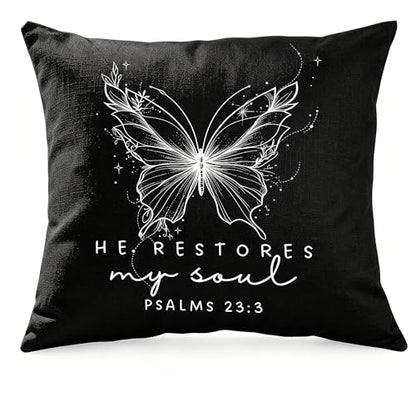 Christian Psalms 23:3 Pillow Cover 18x18, Black Linen-Textured Fabric, He Restores My Soul Bible Verse Butterfly Design, Religious Present for Christian Believers & Faithful Friends - color: Black-03