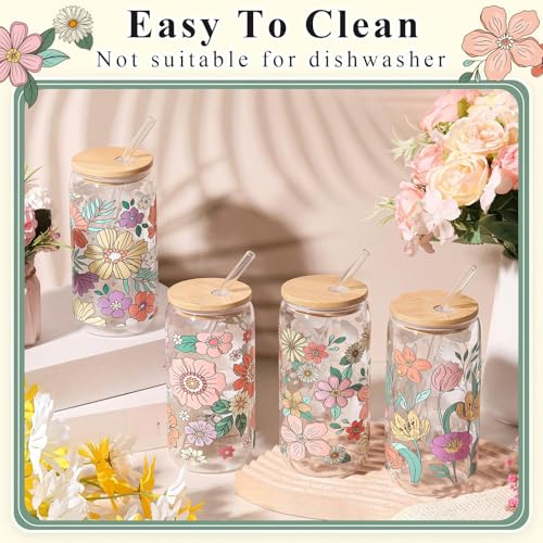 Mumufy 4 Pack Bohemian Flower Glass Cup, 16 oz Tumbler Mug with Bamboo Lid - style: Bohemian Flower