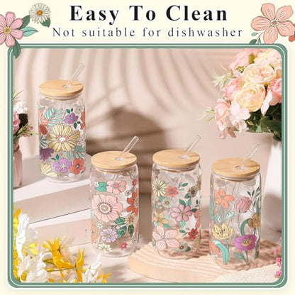 Mumufy 4 Pack Bohemian Flower Glass Cup, 16 oz Tumbler Mug with Bamboo Lid - style: Bohemian Flower