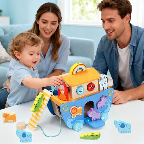 Wooden Noahs Ark Toy with Animal|Baby Baptism Gifts for Boys and Girl