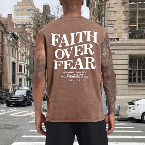 Mens Christian Sleeveless Shirts Faith Over Fear Graphic Tank Tops Gym Workout Acid Wash Tanks Cut Off Muscle Shirt - color: Coffee, size: Large