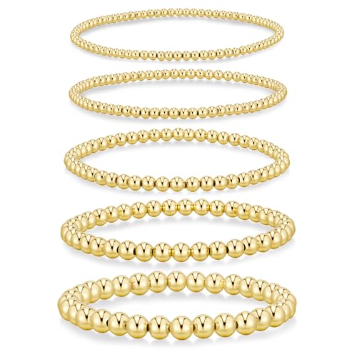 Yoosteel Gold Beaded Bracelets for Women Teen Girls, Gold Plated Jewelry - color: Bead (2.5/3/4/5/6mm)- 5pcs