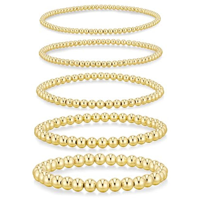 Yoosteel Gold Beaded Bracelets for Women Teen Girls, Gold Plated Jewelry - color: Bead (2.5/3/4/5/6mm)- 5pcs
