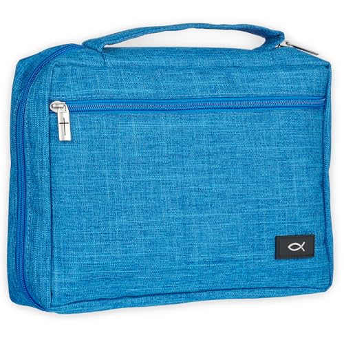 Christian Art Gifts Polyester Bible Cover for Men & Women: Jesus Fish Patch - color: Light Blue/Jesus Fish, size: Large
