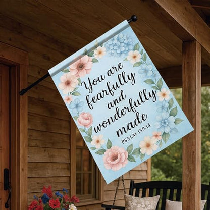 Christian House Flag 28x40 Inch You Are Fearfully And Wonderfully Made Garden Flag Psalm 139:14 Double Sided Floral Wreath Yard Banner Outdoor Porch ration USA Home Garden Church - color: Garden Flag