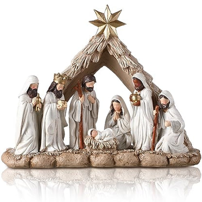 Nativity Scene with LED String Lights, Christmas Nativity Set Tabletop Decoration First Christmas Story Resin Figure Holy Family Manger Lighted Sculpted Hand Painted Figurine for Xmas Indoor Decor