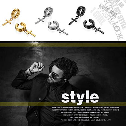 Cupimatch 3-6 Pairs Stainless Steel Cross Dangle Huggie Hinged Hoop Earrings for Men Women (1 Pair Silver Cross) for Mother's Day - color: black-3pack