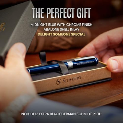 Scriveiner Personalized Midnight Blue Rollerball Pen - Stunning Blue Lacquer Luxury Pen, Chrome Finish, Schmidt Ink Refill, Best Engraved Roller Ball Gift Set for Men & Women, Custom Name Engraving - color: Midnight Blue with Chrome (Personalized)