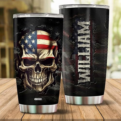 Personalized American Flag Skull Tumbler Gifts for Men Travel Cup Coffee Mug Insulated Stainless Steel 20oz With Lid Water Bottle Gift for Dad Him Husband Son - color: SKULL FLAG