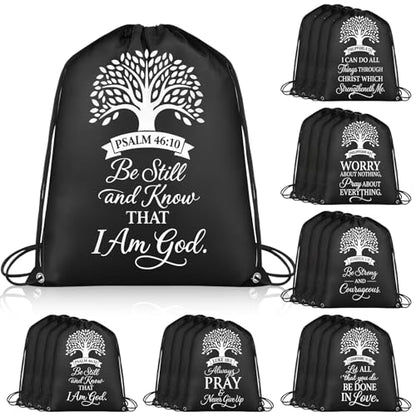 Bulyoou 24 Pcs Black Christian Drawstring Backpack Religious Gift Drawstring Bags Large Bible Verse Baptism Reusable String Bag for Church Bible Study Group - style: Black Religion