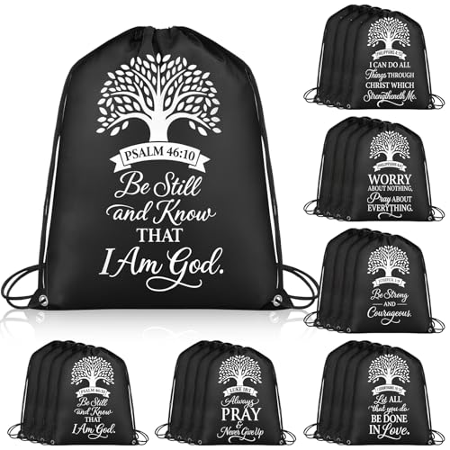 Bulyoou 24 Pcs Black Christian Drawstring Backpack Religious Gift Drawstring Bags Large Bible Verse Baptism Reusable String Bag for Church Bible Study Group - style: Black Religion