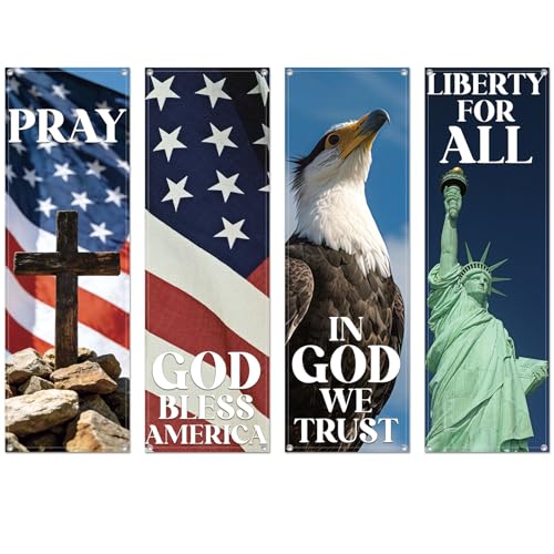 Hosuly 4 Pcs Independence Day Church Banners Patriotic Church Banners for Sanctuary Wall 4th of July Religious Praise Hanging Sign God Bless America for Holiday School Outside Indoor Patriotic Decor - size: 2 x 6 Feet, style: Patriotic