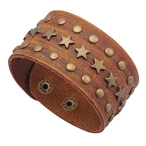 GelConnie Leather Cuff Bracelet Punk Braided Bracelets Rock Leather Wristbands Faux Mens Leather Bracelet Gothic Viking Bangle Adjustable Wrap Bracelet for Women,Men - color: Brown Star Leather Bracelet