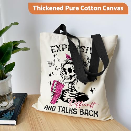 Canvas Tote Bag Aesthetic for Women, Cute Tote Bag with Zipper Pocket, Heavy Duty Reusable Shopping Bags for Grocery - color: 09-sassy Skeleton