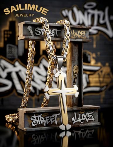 sailimue Stainless Steel Byzantine Cross Necklace for Men 22-30 inch - color: Gold, size: 26 in=66 cm（Long）